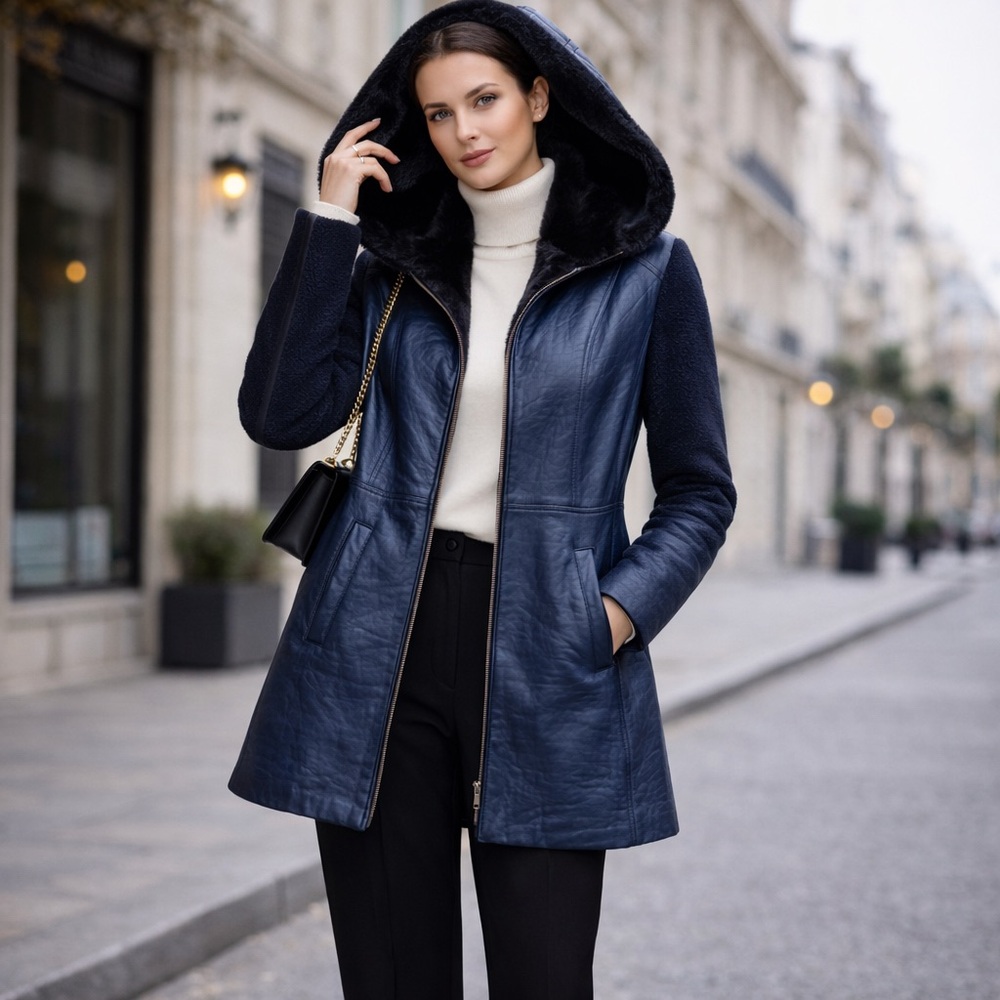 Max Studio Sheepskin Leather Coat Rex Rabbit Fur Lined Hooded Women Size S